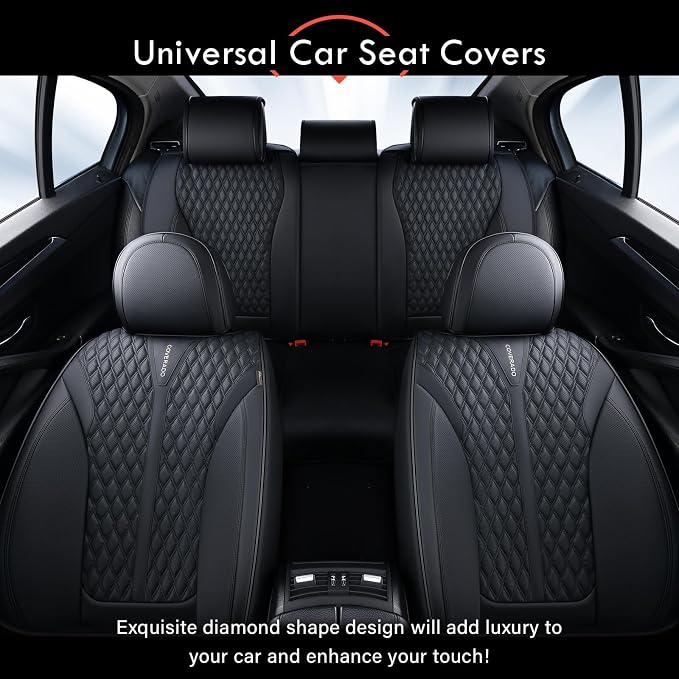 Coverado Car Seat Covers Full Set, 5 Seats Luxury Nappa Leather Seat Covers for Cars, Car Seat Cover Waterproof, Front and Back Car Seat Protector, Black Car Seat Covers Universal Fit for Most Cars