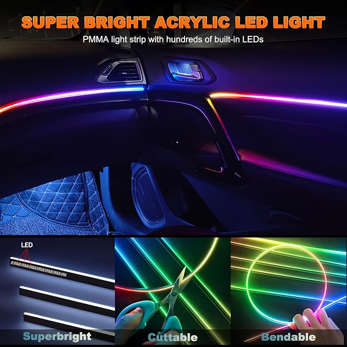 Jushope Interior Car LED Strip Lights, Acrylic LED Lights for Car with Dynamic Dreamcolor Chasing, Ambient Lighting Kits Music Sync Wireless APP and RF Remote Control (10 in 1)