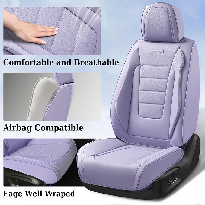 Coverado Car Seat Covers Front, Seat Covers for Cars, Waterproof Car Seat Cushions, 2-Pack Leather Carseat Seat Protectors, Universal Seat Covers Fit for Most Sedans SUV Pick-up Trucks(Purple)