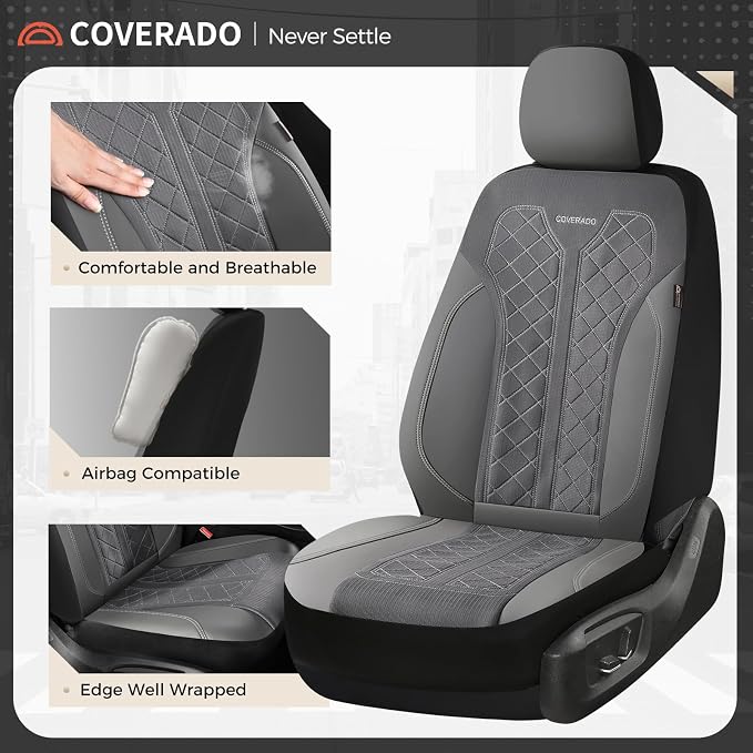 Coverado Car Seat Covers 2-Pack, Luxury Front Seat Covers, Automotive Car Seat Protectors, Gray Driver Seat Covers Universal Fit for SUVs, Trucks, Sedans