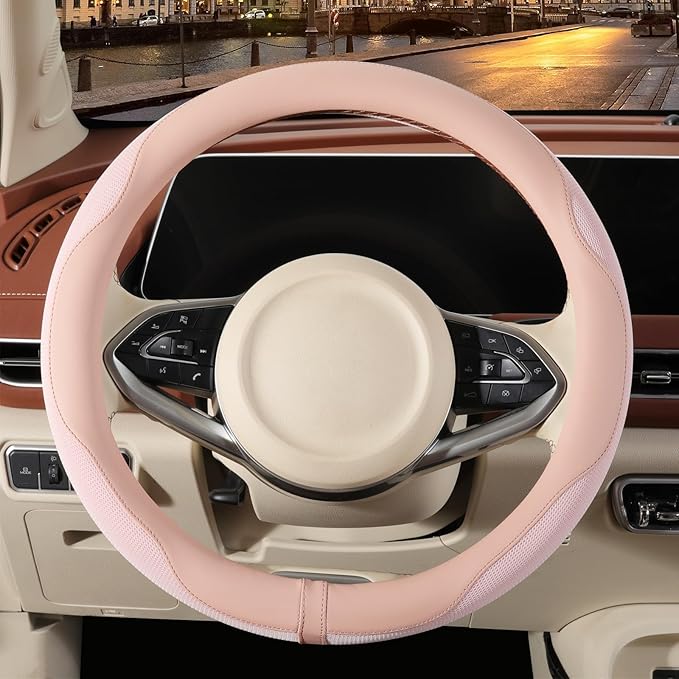 14 inch Steering Wheel Cover for Prius Civic, Nappa Microfiber Leather Non-Slip Breathable Fabric, Warm in Winter and Cool in Summer, Pink Small 13.5 inch to 14 inch