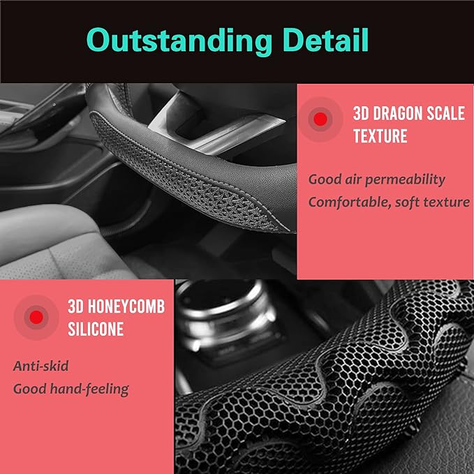 PINCTROT D Shaped 14 Inch Small Sized Steering Wheel Cover Great Grip with 3D Honeycomb Anti-Slip Design, Flat Bottom 14 Inch (All Black)