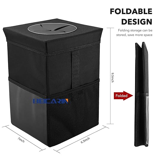 Beicarin Car Trash Can with Lid - Car Trash Bag Hanging with Storage Pockets Collapsible and Portable Car Garbage Bin, Leak-Proof Car Organizer, 1.82 Gallons Multipurpose Trash Bin for Car