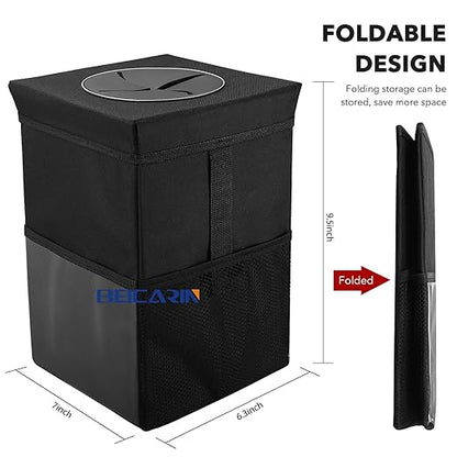 Beicarin Car Trash Can with Lid - Car Trash Bag Hanging with Storage Pockets Collapsible and Portable Car Garbage Bin, Leak-Proof Car Organizer, 1.82 Gallons Multipurpose Trash Bin for Car