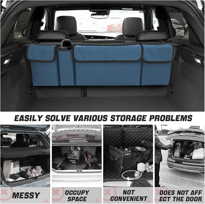 AUCELI Car Trunk Organizer, Backseat Hanging Large Storage with Adjustable Straps, Waterproof Collapsible Cargo Bag with 4 Pockets, Sturdy Space Saver Frees Trunk Floor for SUV, Truck, MPV