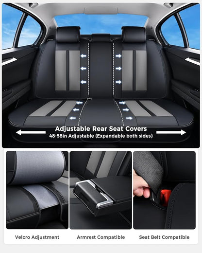 Huidasource Universal Car Seat Cover Luxury Nappa Leather, Car Seat Cover Set with Velcro Adjustable, Airbag, Lumbar Support, Cooling＆Heating, Seat Covers Fit for Most Cars SUV Trucks, Black＆Gray