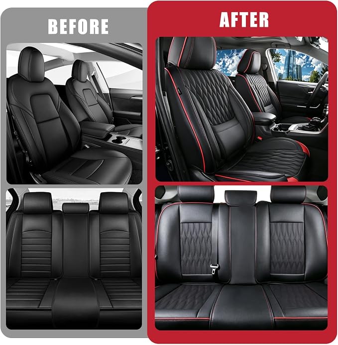 Car Seat Covers, Luxury Breathable Waterproof Faux Leatherette Car Seat Covers Cushion Protectors with Lumbar Support, Car Seat Cushion, Universal Fit Most Cars (Black, Front Seats - 2 PCS)