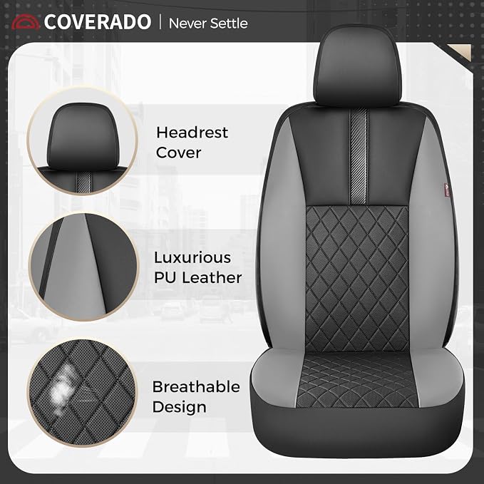 Coverado Car Seat Covers Full Set, Automotive Leather Seat Covers for Car，Universal Fit Front Back Seat Cover, Non-Slip Waterproof Breathable Car Seat Protector