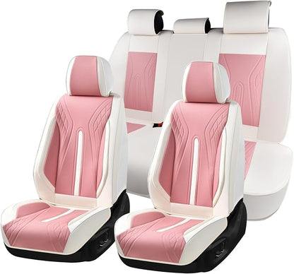 Huidasource Car Seat Covers Full Set, Universal Fit for Most Cars SUV Trucks, Full Coverage Nappa Leather Seat Cover, Airbag, Cupholder Compatible, Seat Function Retain, White&Pink