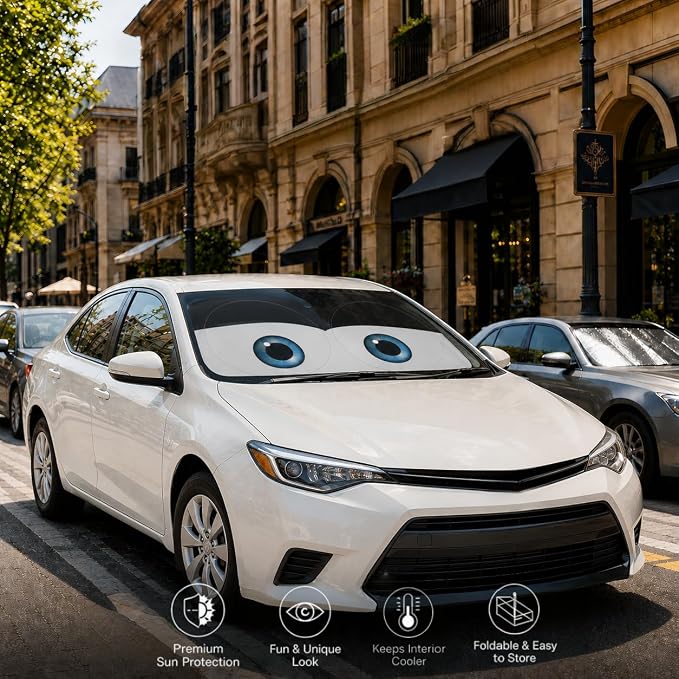 Car Windshield Sun Shade, Funny Cartoon Eyes Sun Visor for Car Windshield Universal Fits Sedan Compact Car Hatchback SUV, UV Heat Protection - 59 x 27.5