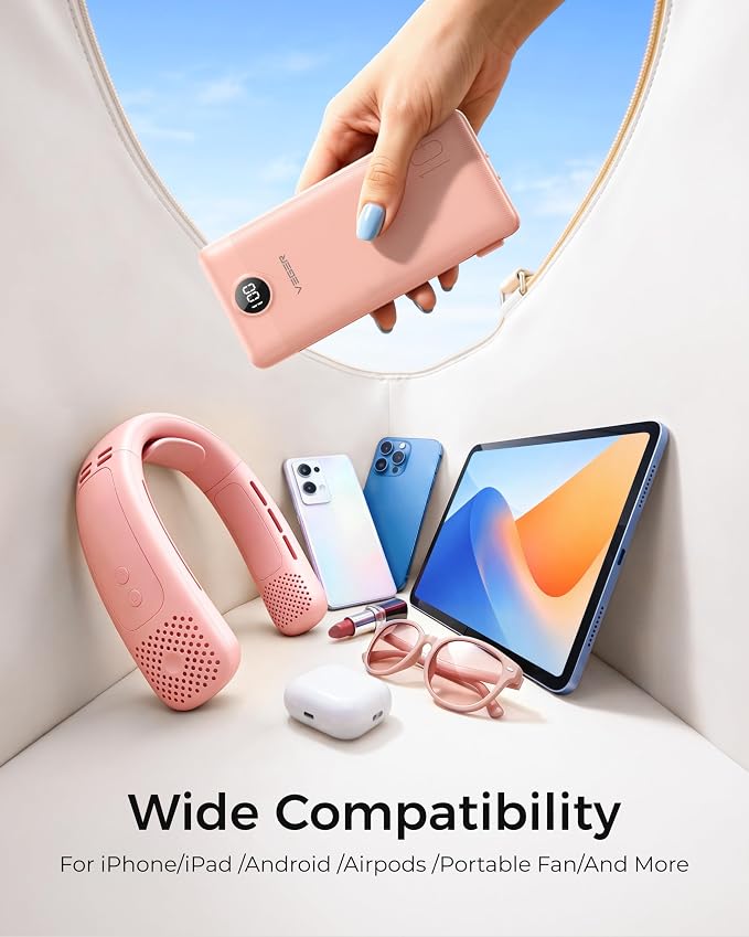 VEGER Portable Charger Power Bank with Built-in AC Plug and Cables, All in One 10000mAh Ultra Slim Travel Essentials, Fast Charging Battery Pack Compatible with iPhone, Samsung, More, Dark Pink