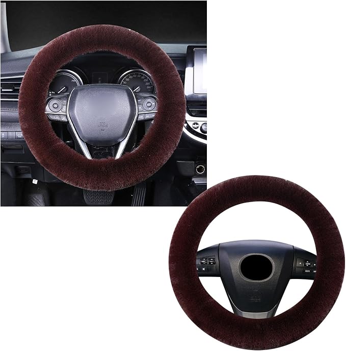 Ziciner Fuzzy Steering Wheel Cover, 15 inch Soft Wool Fur Steering Wheel Protector, Fluffy Wheel Covers for Winter Warm, Car Interior Decoration Accessories for Women Men (Coffee)