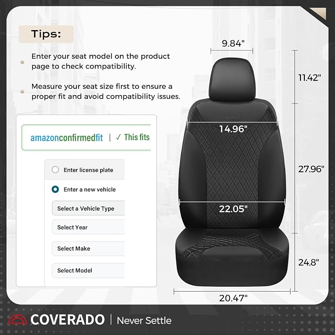 Coverado Front Seat Covers, Black Leather Car Seat Covers 2-Pack, Waterproof Car Seat Protectors, Automotive Seat Covers, Driver Seat Covers Universal Car Seat Cushions Fit for Most Sedan, SUV, Truck