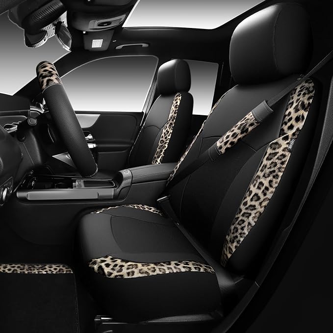CAR PASS Leopard Print Faux Leather Car Seat Covers & Leopard Car Mats&Leopard Steering Wheel Cover Seat Belt Universal Car Accessories for SUV,Van,Saden,Truck Automobile Interior Sets(Gold Black)