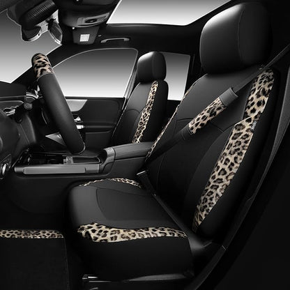 CAR PASS Leopard Print Faux Leather Car Seat Covers & Leopard Car Mats&Leopard Steering Wheel Cover Seat Belt Universal Car Accessories for SUV,Van,Saden,Truck Automobile Interior Sets(Gold Black)
