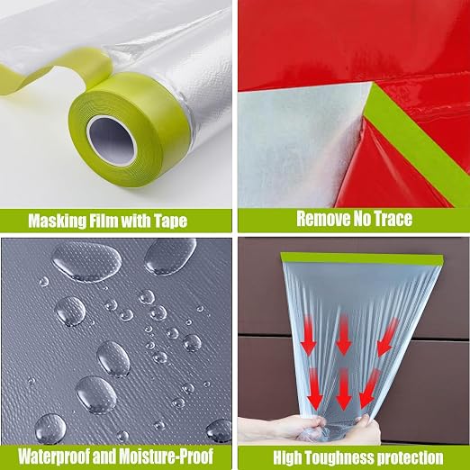 Painters Tape and Drape, 4 Rolls Automotive Painters Tape and Plastic Film, Paint Covering Roll for Cars and Auto Body (55in X 65-Feet)