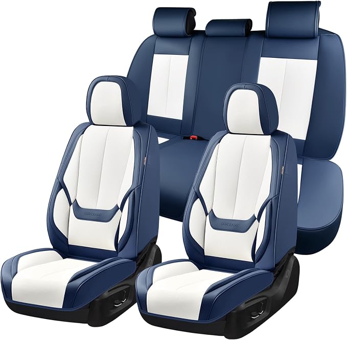 Coverado Seat Covers, Car Seat Covers Full Set, Leather Seat Covers for Cars, Car Seat Protector, Black Car Seat Covers Front Seats and Back Seats Universal Fit for Most Cars White