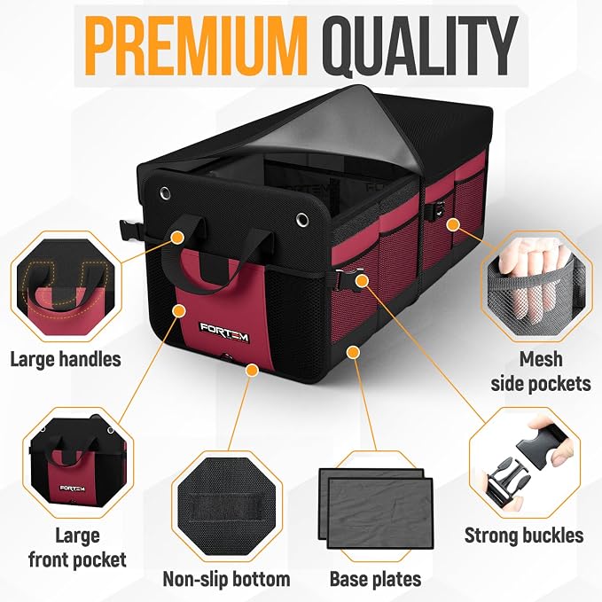 FORTEM Trunk Organizer For SUV Car Organizer and Storage, Multi-Compartment Storage Bag Car Accessories for Women Men, Perfect Christmas Gifts, 1680D Oxford, Non Slip Bottom, Straps, Soft Cover (90L)
