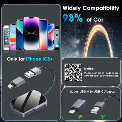 Wireless Carplay Adapter for Apple iPhone Converts Wired to Wireless Carplay Dongle Plug & Play Low Latency Car Play Adapter Mini Car Play Dongle for iOS 10+ Fit for Cars USB A/C (Dark Gray)