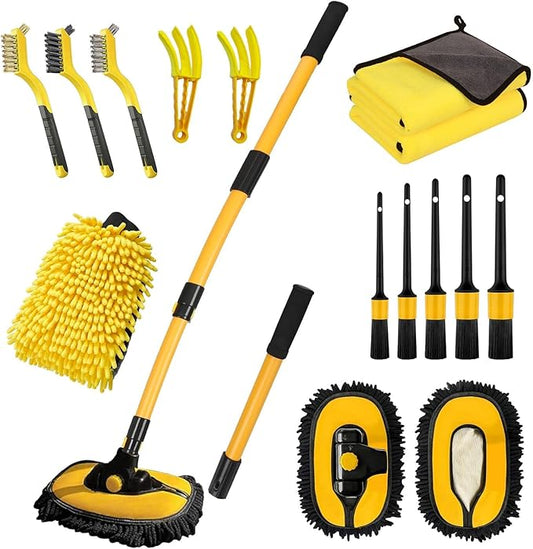 Car Wash Brush with Long Handle, 55 inch Car Wash Mop Car Wash Kit Mitt Retractable Bent Pole Car Wash Brush for Cars RV Truck Boat