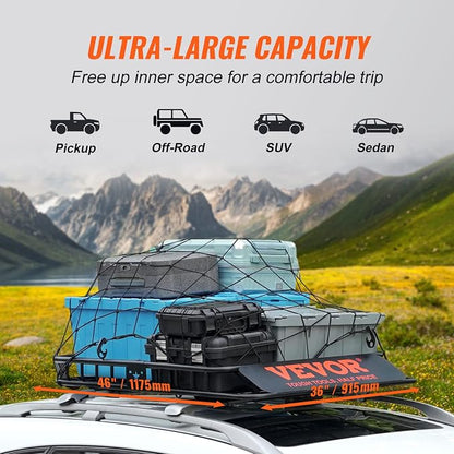 VEVOR Roof Rack Cargo Basket, 46" x 36" x 4.5" Rooftop Cargo Carrier, Heavy-Duty 200 LBS Capacity Universal Roof Rack Basket, Luggage Holder for SUV, Truck, Vehicle