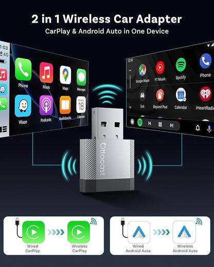 OTTOCAST Mini Nova 2 in1 Wireless CarPlay Android Auto Adapter 2026, Plug & Play USB Dongle, Fast Auto Connect, 5GHz Stable Connection, for OEM Wired CarPlay/Android Auto Cars