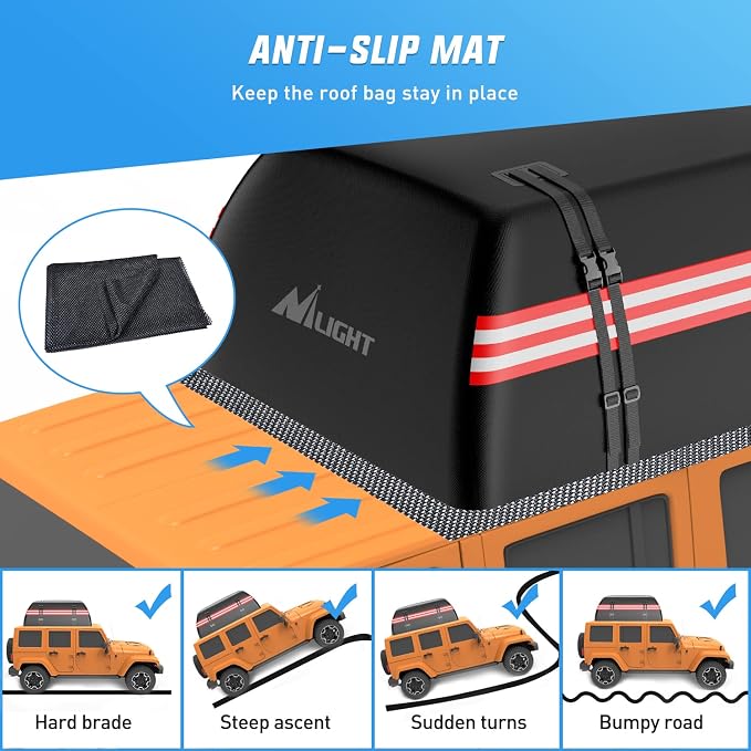 Nilight Car Roof Bag 15 Cubic Feet Waterproof Rooftop Cargo Carrier,Suitable for All Vehicle with/Without Rack - Waterproof Zip,Reflective Strip,Anti-Tear 840D PVC, with Anti-Slip Mat