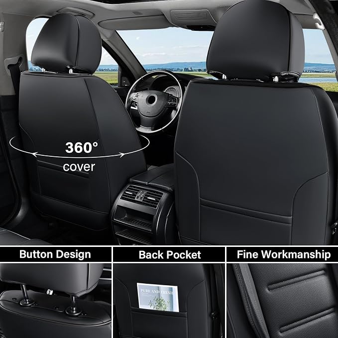Coverado Car Seat Covers, Front Covers for Cars, Car Seat Cover Front Seats, Car Seat Protector Waterproof, Leather Car Seat Cushion, Universal Interior Covers Seat Protectors for Most Cars Black