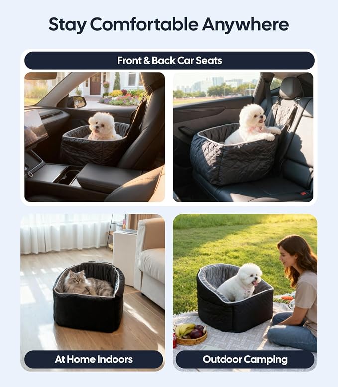Wigoo Dog Booster Car Seat for Small/Medium Dogs Under 35 lbs, Memory Foam Elevated Seat, Fully Detachable & Washable, Pet Car Travel Home Bed with Storage Pockets, 1 Safety Belt, Black