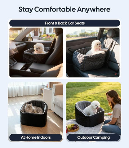 Wigoo Dog Booster Car Seat for Small/Medium Dogs Under 35 lbs, Memory Foam Elevated Seat, Fully Detachable & Washable, Pet Car Travel Home Bed with Storage Pockets, 1 Safety Belt, Black
