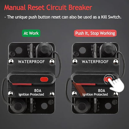3 Pack 80 Amp Circuit Breaker Manual Reset 12V-48V DC for Car Audio Rv Marine Boat Truck Trolling Motors, Car Speaker Resettable Fuse, with Wire Lugs Copper Washer