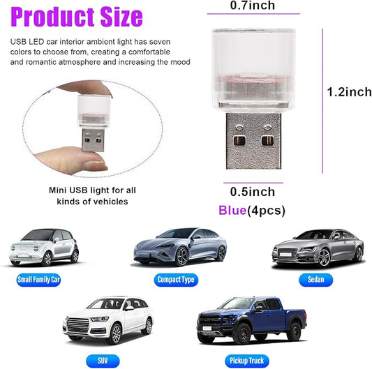 4 PCS USB LED Car Interior Atmosphere Lights, Plug-in USB Automotive Interface Charging Night Lamps, Mini Vehicle Interior LED Atmosphere Light for Car, Bedroom, Hallway (Blue)