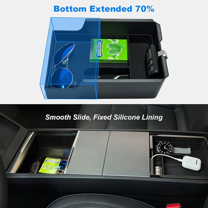 JVMA Expanded Center Console Organizer Tray & Armrest Organizer Upgrade | for Tesla Model Y YL Juniper 2026 2025 & Tesla Model 3 Highland 2026-2024 Accessories Smooth Slide Fitted Silicone US Patent