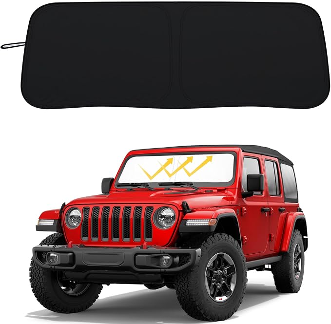 Windshield Sun Shade for 2018-2026 Jeep Wrangler JL JLU & 2020-2026 Gladiator JT, 310T Polyester Foldable Front Window Shade Cover, Full Coverage UV Heat Blocker, Keep Interior Cool