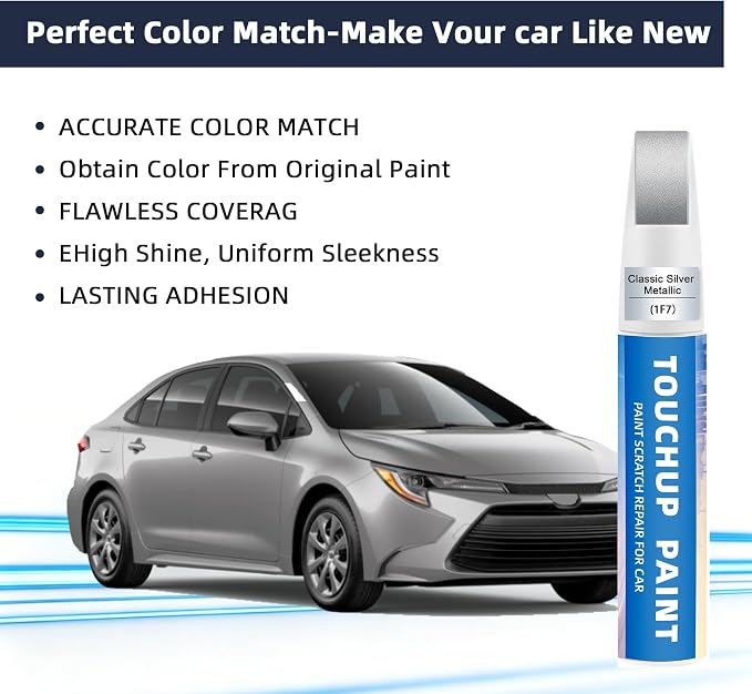 Classic Silver Metallic(1F7) Touch Up Paint for Toyota 2-in-1 Car Scratch Repair Pen for Rock Chips, Door Scratches & Paint Nicks Exact Color Match Quick Dry DIY Fix for RAV4 Camry Corolla