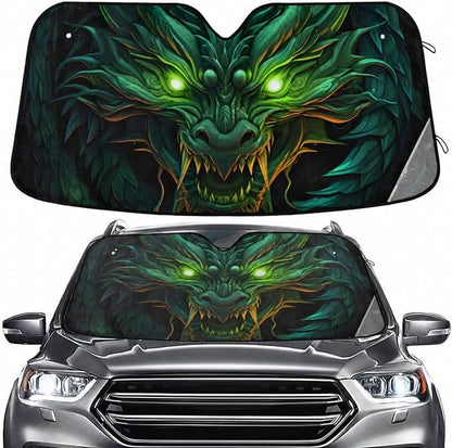 Windshield Sun Shade Green Dragon Front Window Block UV Shades Visor Reflective Retractable for Car SUV Trucks