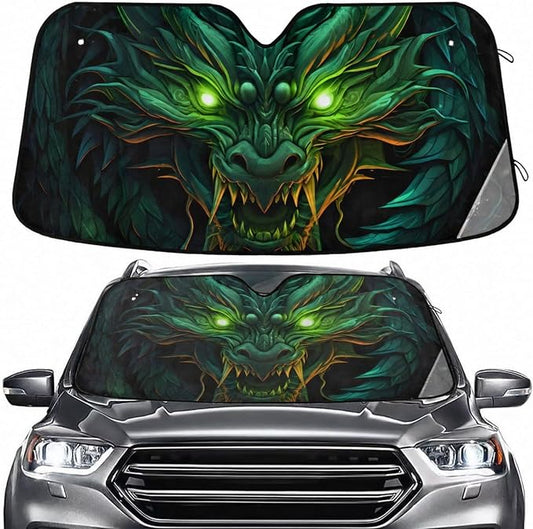 Windshield Sun Shade Green Dragon Front Window Block UV Shades Visor Reflective Retractable for Car SUV Trucks
