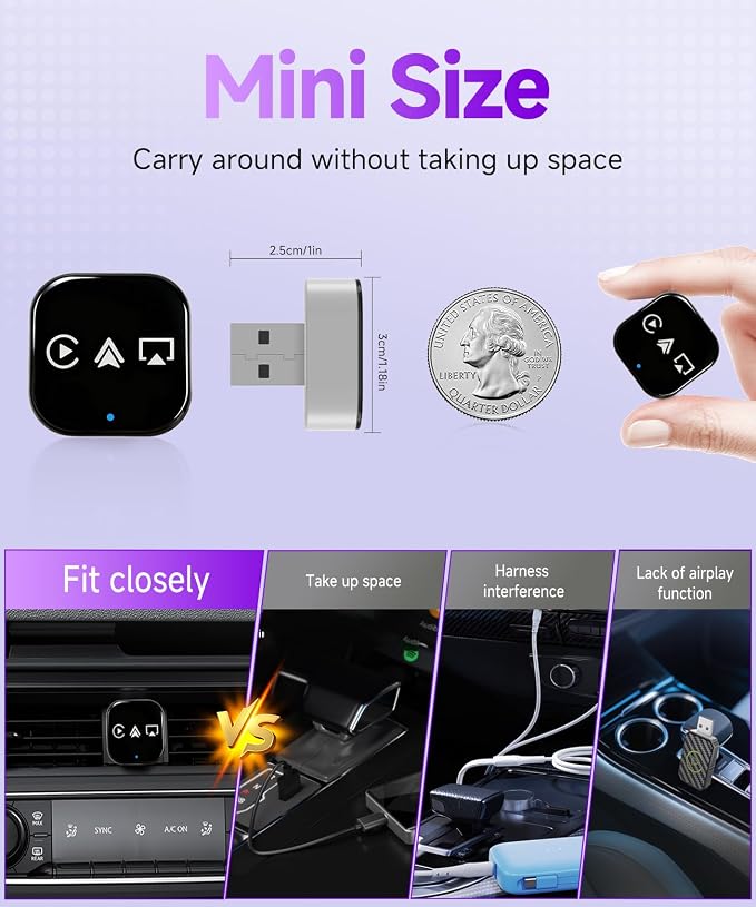 3-in-1 Mini Wireless CarPlay Adapter (2025 Upgraded)-Built-in Wired Carplay/Android Auto for Airplay,Plug&Play,Fast Auto-Reconnect,Bluetooth 5.0,USB/Type-C,iOS10+&Android 11+(Silver)