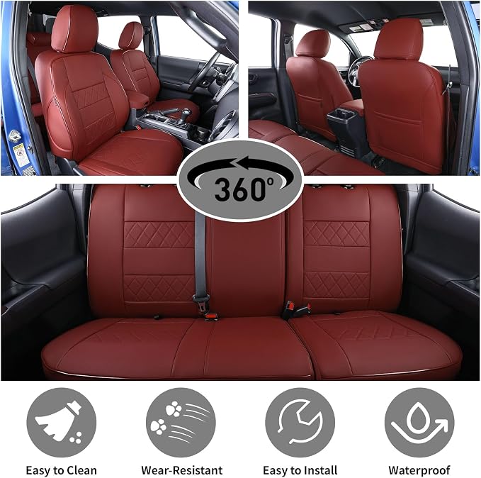 EKR Tacoma Leather Car Seat Covers Custom Fit for Toyota Tacoma 2012 2013 2014 2015 (Regular Seats) - Truck Seat Covers Full Set,Faux Leather(Burgundy)