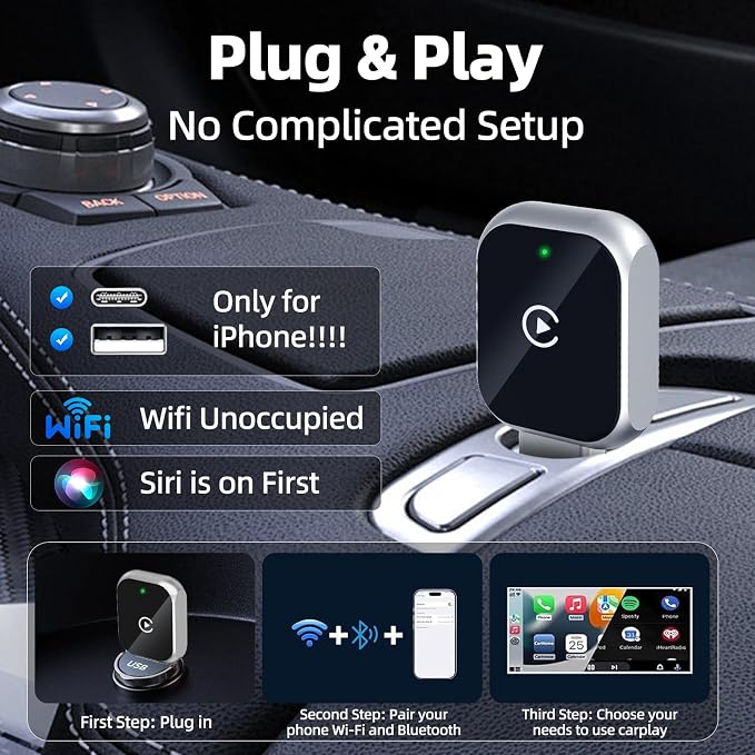 Wireless CarPlay Adapter for iPhone, 5.8GHz WiFi Bluetooth 5.3 Fast Auto Connect Dongle, USB A/C Dual Port Mini Metal Shell, Plug & Play Compatible with Factory Wired CarPlay Cars