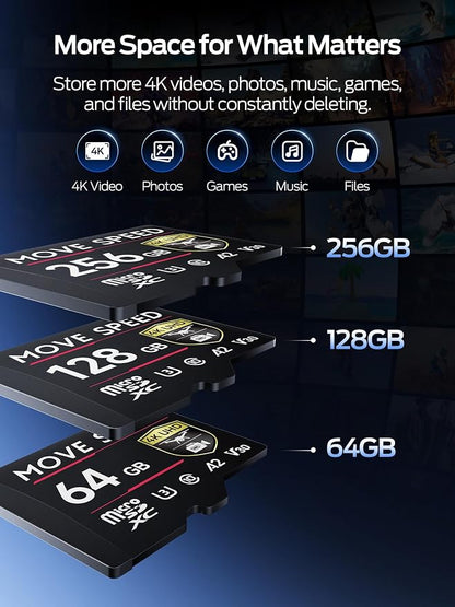 MOVE SPEED 128GB Professional microSDXC Memory Card, U3 V30 A2, Up to 170MB/s Read, 4K UHD Recording, High-Speed TF Card for Cameras, Drones, Dash Cams, Android & Handheld Gaming