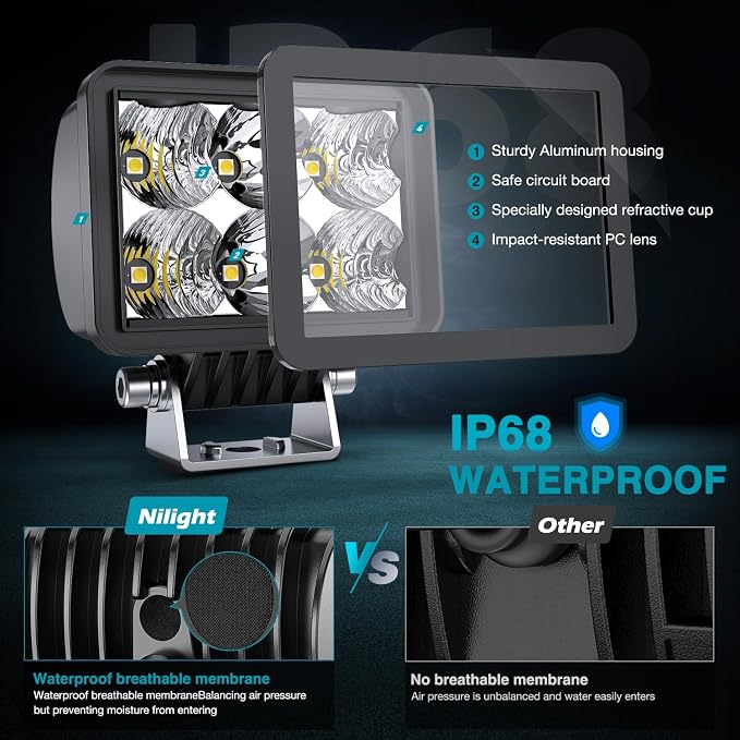 Nilight LED Pod Lights 2 PCS 3.3 Inch 6LED Spot Flood Combo Beam Square Offroad Driving Work Side Ditch Light Built-in EMC for Tractor Truck Motorcycle Boat ATV