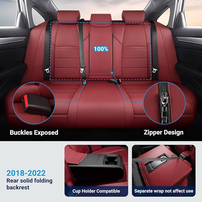 Custom for Honda Accord Seat Covers 2018 2019 2020 2021 2022 LX, Faux Leather Car Seats Cover Full Set (Rear Solid Folding backrest) - Burgundy