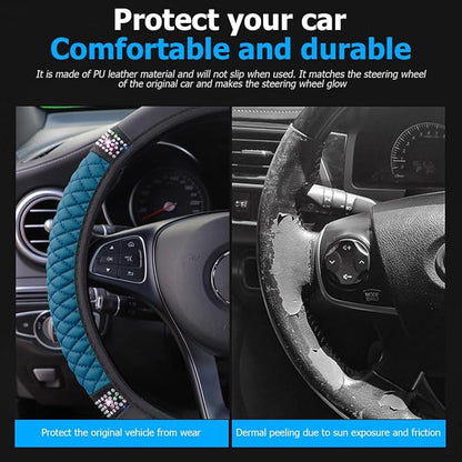 Osilly Bling Car Steering Wheel Cover, 15 Inch Rhinestones Soft Leather Elastic Steering Wheel Protector, Sparkly Crystal Diamond for Women Girls (Black Green)