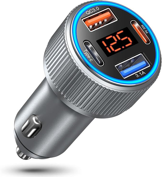 Car Charger USB C, 65W Multi Port Dual 12V Cigarette Lighter USB Car Charger Adapter with Voltage Display PD/QC 3.0 Super Fast Charge Car Phone Charger for iPhone 17 16 15 14 13 12 Pro Max Plus(Gray)