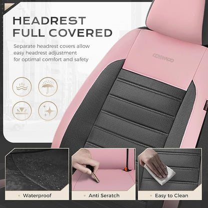 Coverado Car Seat Covers Full Set, Luxury Leather Car Seat Covers, Automotive Front and Rear Mesh Seat Covers, Full Set 5 Seats, Pink Black Seat Covers for SUV Sedan Truck
