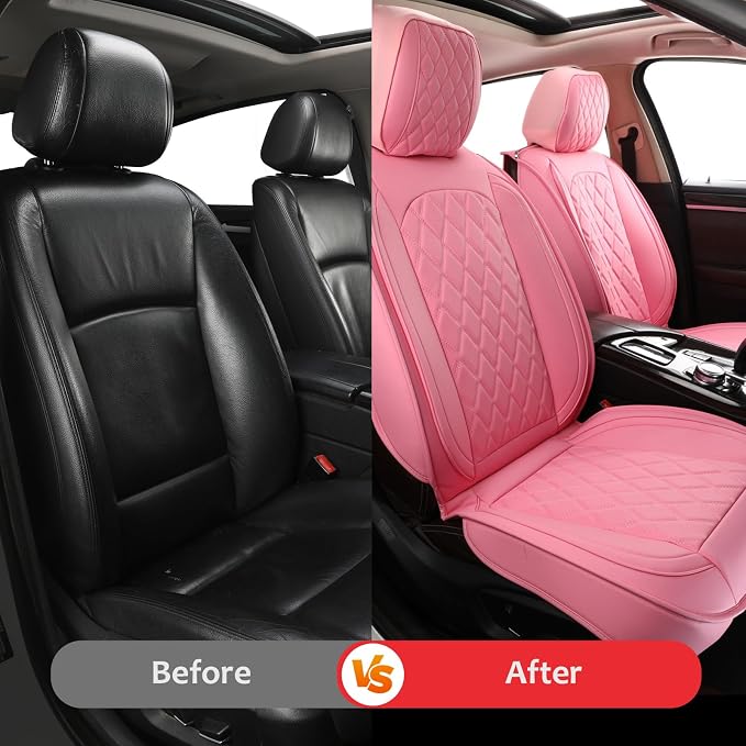 MIROZO Seat Covers Full Set Pink, Leather Car Seat Covers Waterproof Automotive Seat Covers Universal Car Seat Protector Seat Cover Set Vehicle Cushion Cover for Sedan, Truck and SUV (Full Set, Pink)