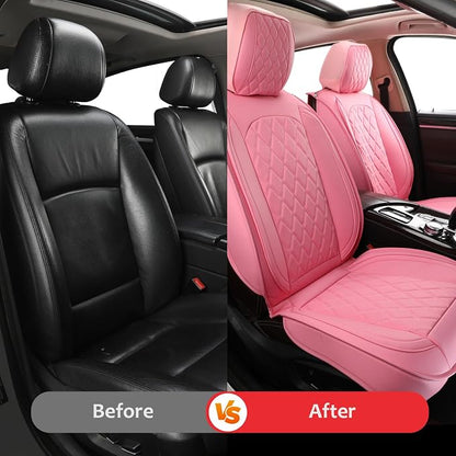 MIROZO Seat Covers Full Set Pink, Leather Car Seat Covers Waterproof Automotive Seat Covers Universal Car Seat Protector Seat Cover Set Vehicle Cushion Cover for Sedan, Truck and SUV (Full Set, Pink)