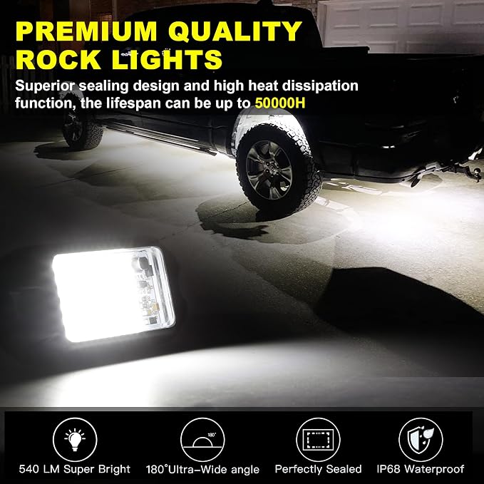 Nicoko 4Pods Pure White 72 LEDs SMD Chips 72w High Power Rock Lights Super Bright White Offroad Car Boat Underglow Lights IP68 Waterproof for Truck SUV UTV ATV RZR