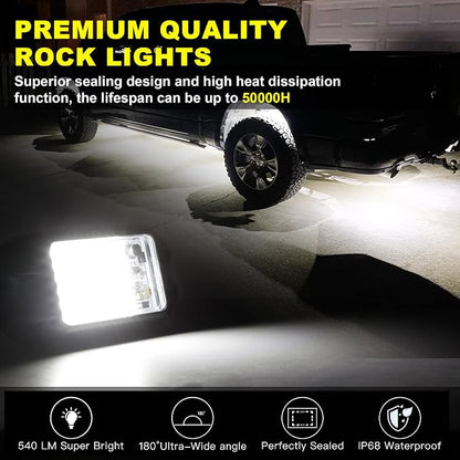Nicoko 4Pods Pure White 72 LEDs SMD Chips 72w High Power Rock Lights Super Bright White Offroad Car Boat Underglow Lights IP68 Waterproof for Truck SUV UTV ATV RZR